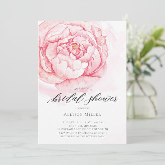 Waterverf Pioenjes Bruids Douche Uitnodiging (Staand voorkant)