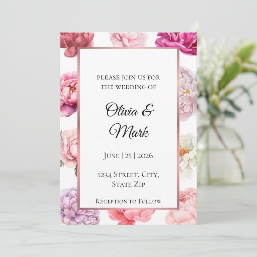 Waterverf pioenroos bruiloft uitnodiging | Rosé go (Staand voorkant)