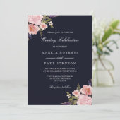 Waterverf Pioenroze Navy bruiloft uitnodiging (Staand voorkant)