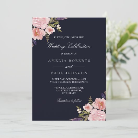 Waterverf Pioenroze Navy bruiloft uitnodiging (Staand voorkant)