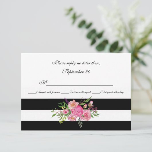 Waterverf Pioenrozen en Strepen Bruiloft RSVP Kaar (Staand voorkant)