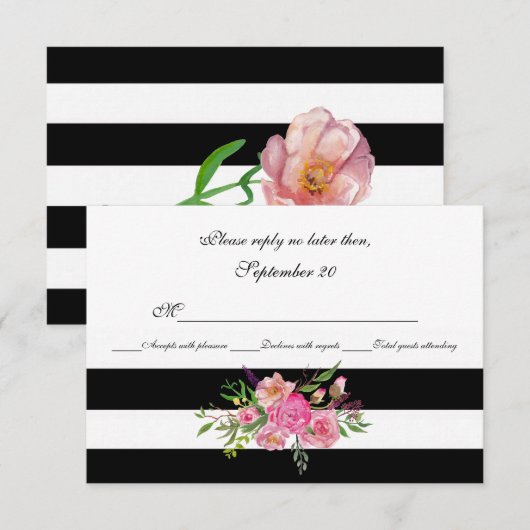 Waterverf Pioenrozen en Strepen Bruiloft RSVP Kaar (Voorkant / Achterkant)