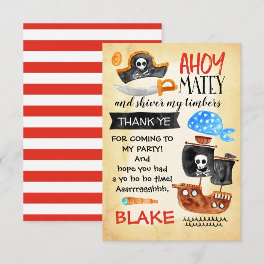 Waterverf piraat verjaardag bedankkaart (Voorkant / Achterkant)