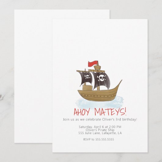 Waterverf Pirate Ship Birthday Invitation Kaart (Voorkant / Achterkant)