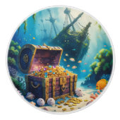 Waterverf piratenschatkist onderzeese scène keramische knop (Voorkant)