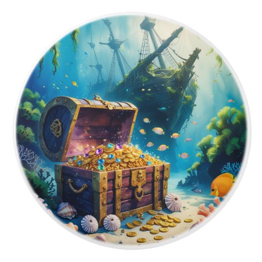 Waterverf piratenschatkist onderzeese scène keramische knop (Voorkant)