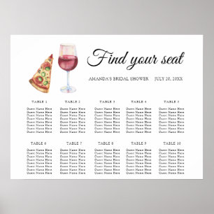 Waterverf pizza en wijn Bruiloft zitplaatsenkaart Poster