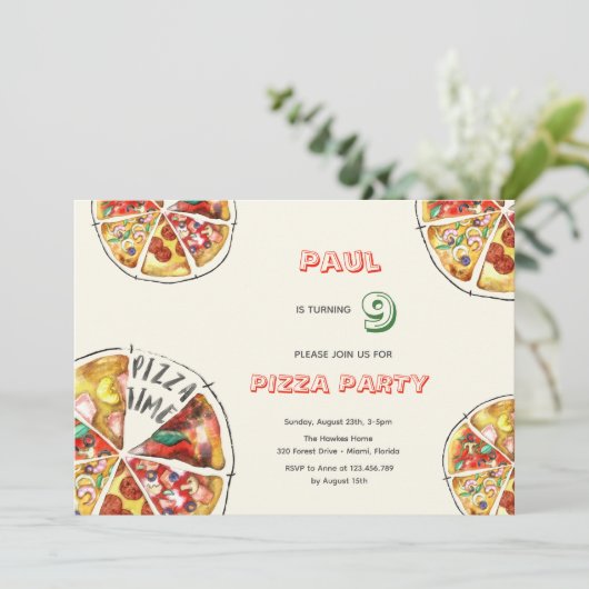 Waterverf Pizza Feest Verjaardag Kaart (Staand voorkant)