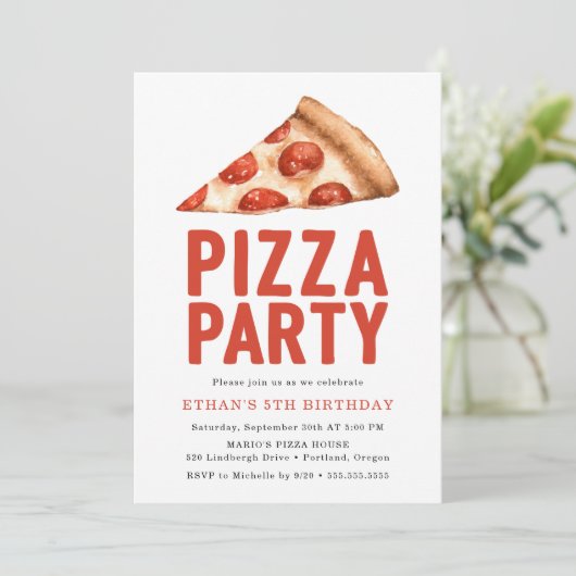 Waterverf Pizza Party Birthday Party Invitation Kaart (Staand voorkant)