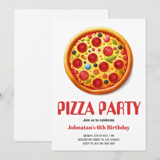 Waterverf Pizza Party Birthday Party Invitation Kaart (Voorkant / Achterkant)