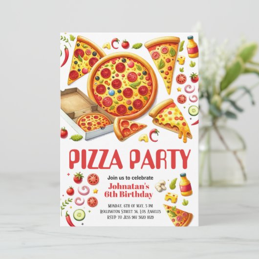 Waterverf Pizza Party Kids Verjaardagsfeest Kaart (Staand voorkant)