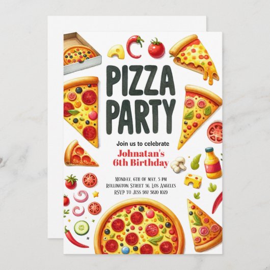 Waterverf Pizza Party Verjaardagsfeest Kaart (Voorkant / Achterkant)