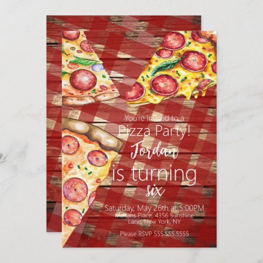 Waterverf Pizza Pie Slices Birthday Party Script Kaart (Voorkant / Achterkant)