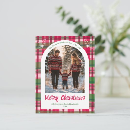 Waterverf Plaid Christmas Custom Arch 3 Foto Feestdagenkaart (Staand voorkant)