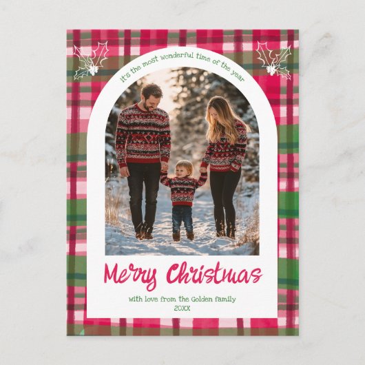 Waterverf Plaid Christmas Custom Arch 3 Foto Feestdagenkaart (Voorkant)