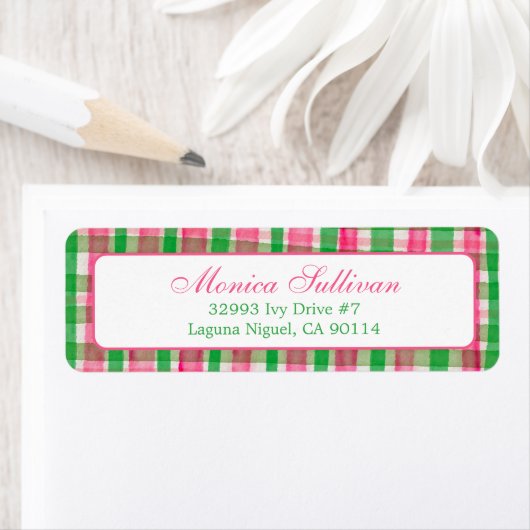 Waterverf Plaid Christmas CUSTOM Retouradres Etiket (Insitu)