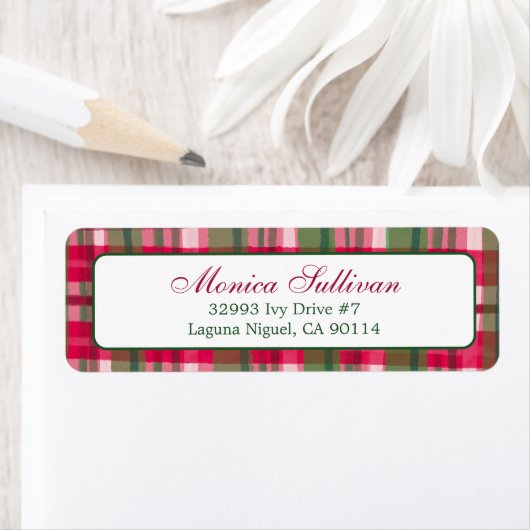 Waterverf Plaid Christmas CUSTOM Retouradres Etiket (Insitu)