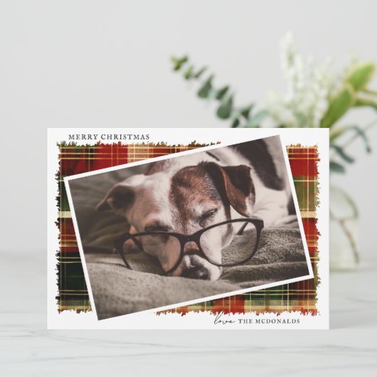 Waterverf Plaid Custom Photo Christmas Feestdagenkaart (Staand voorkant)