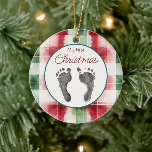 Waterverf Plaid Eerste Kerst Uw Baby's Feet Keramisch Ornament (Boom)