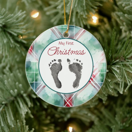 Waterverf Plaid Eerste Kerst Uw Baby's Feet Keramisch Ornament (Boom)