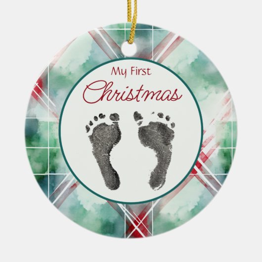 Waterverf Plaid Eerste Kerst Uw Baby's Feet Keramisch Ornament (Voorkant)