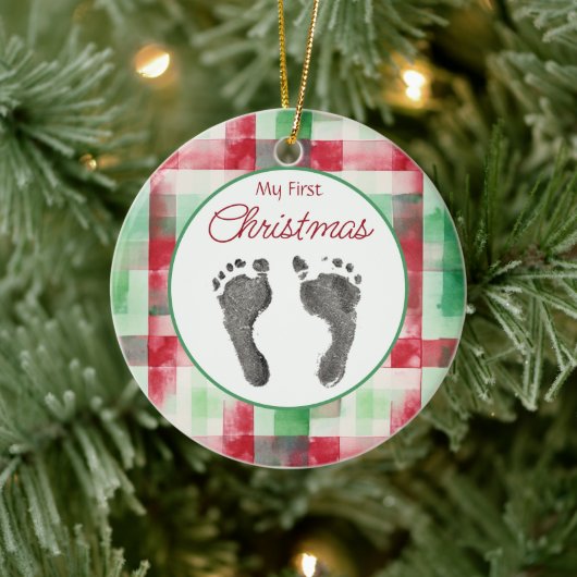 Waterverf Plaid Eerste Kerst Uw Baby's Feet Keramisch Ornament (Boom)