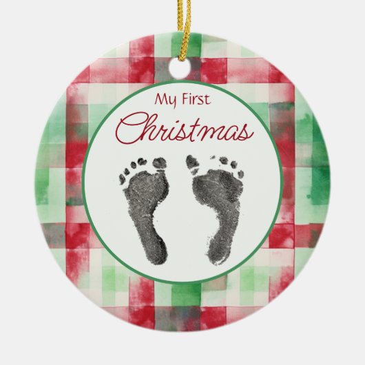 Waterverf Plaid Eerste Kerst Uw Baby's Feet Keramisch Ornament (Voorkant)