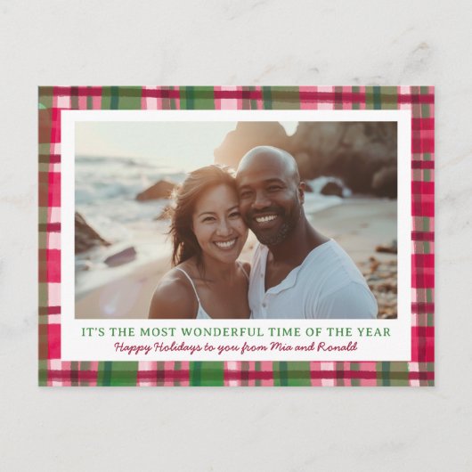 Waterverf Plaid Handgemaakte Kerst Custom 3 Foto Feestdagenkaart (Voorkant)