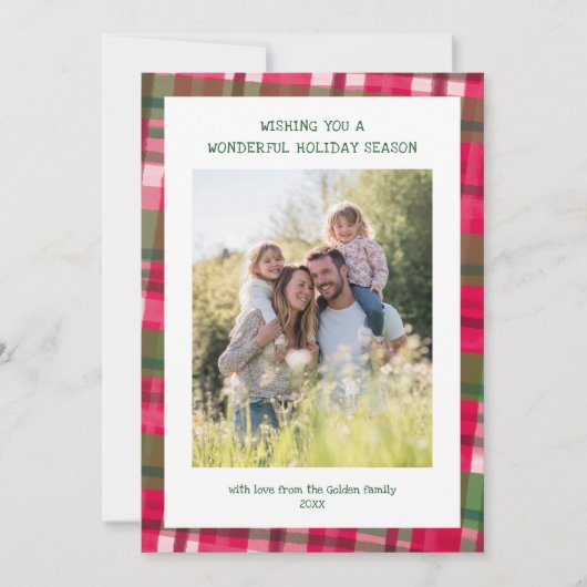 Waterverf Plaid Handgemaakte Kerst Custom 5 Foto Feestdagenkaart (Voorkant)