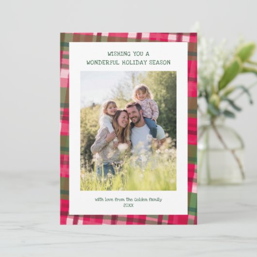 Waterverf Plaid Handgemaakte Kerst Custom 5 Foto Feestdagenkaart (Staand voorkant)
