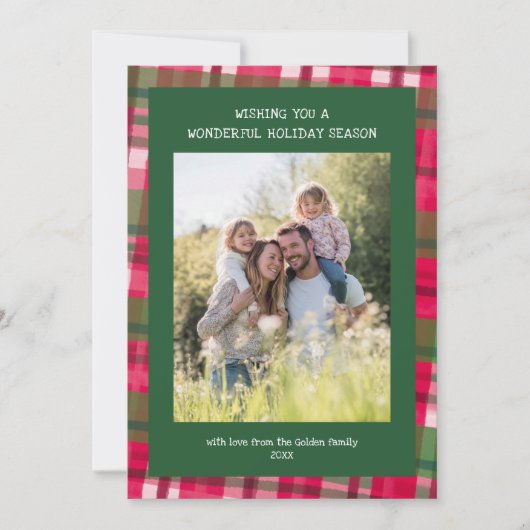 Waterverf Plaid Handgemaakte Kerst Custom 5 Foto Feestdagenkaart (Voorkant)