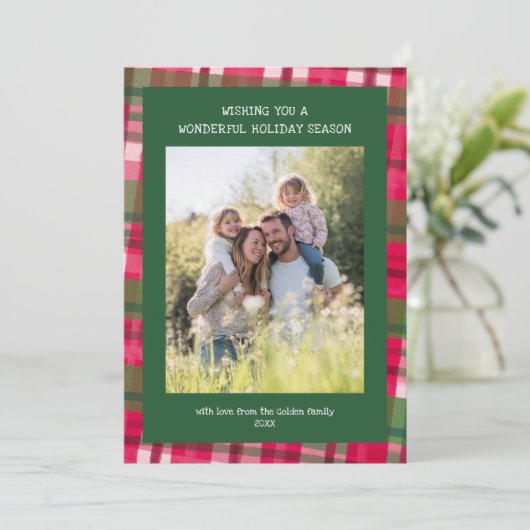 Waterverf Plaid Handgemaakte Kerst Custom 5 Foto Feestdagenkaart (Staand voorkant)