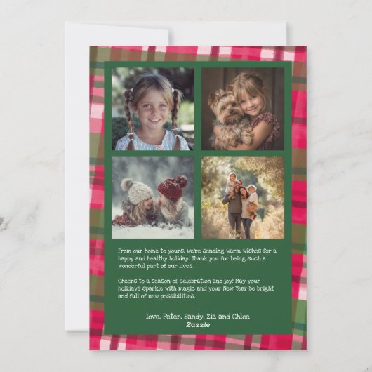 Waterverf Plaid Handgemaakte Kerst Custom 5 Foto Feestdagenkaart (Achterkant)