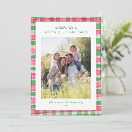 Waterverf Plaid Handgemaakte Kerst Custom 5 Foto Feestdagenkaart (Staand voorkant)