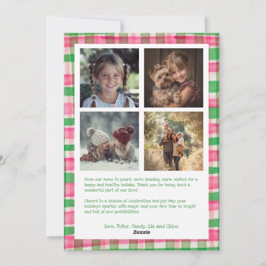 Waterverf Plaid Handgemaakte Kerst Custom 5 Foto Feestdagenkaart (Achterkant)