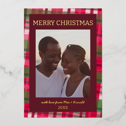 Waterverf Plaid Handgemaakte Kerst Custom Foto Folie Feestdagenkaart (Voorkant)