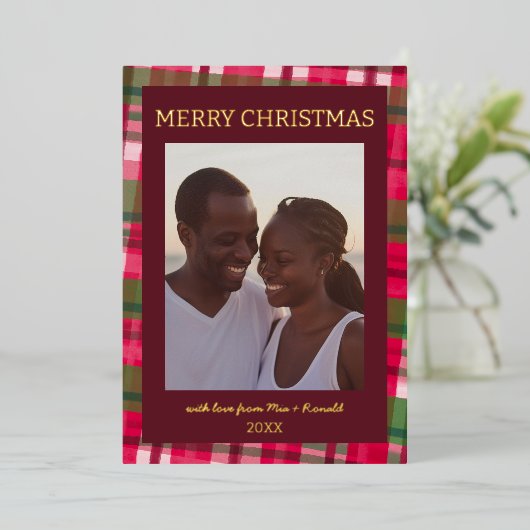 Waterverf Plaid Handgemaakte Kerst Custom Foto Folie Feestdagenkaart (Staand Voorkant)