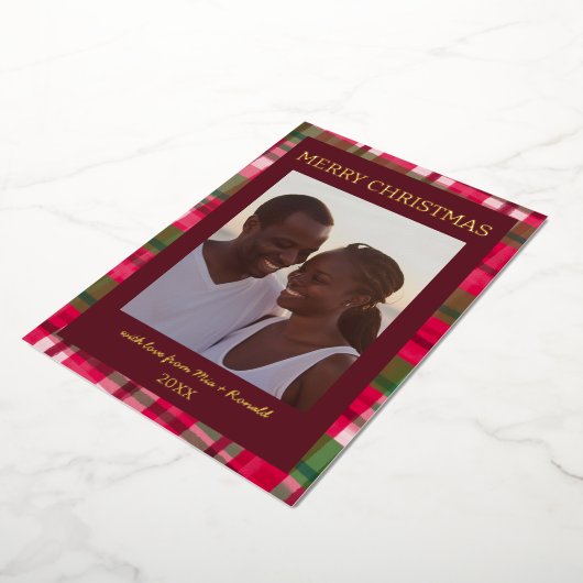 Waterverf Plaid Handgemaakte Kerst Custom Foto Folie Feestdagenkaart (Gedraaid)