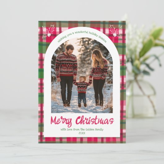 Waterverf Plaid Kerst Custom Arch 5 Foto Feestdagenkaart (Staand voorkant)