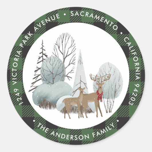 Waterverf Plaid Kerst retour adreslabels Ronde Sticker (Voorkant)