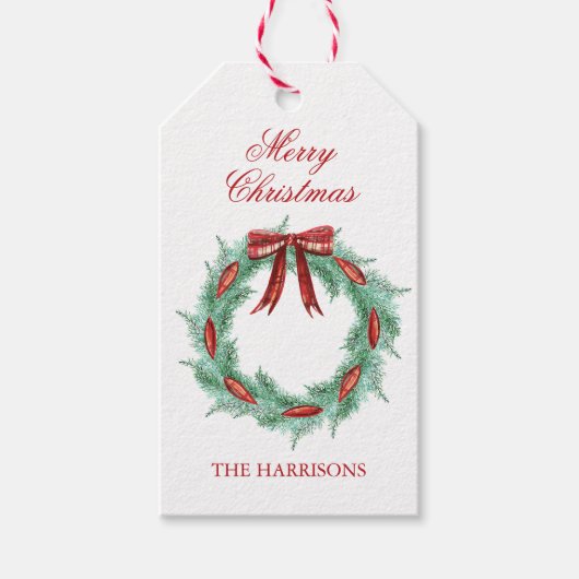 Waterverf Plaid Lint Krans Kerstmis Cadeaulabel (Voorkant)