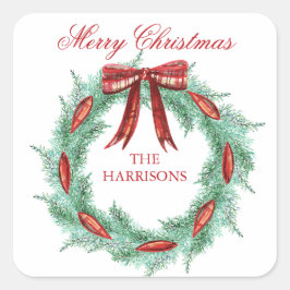 Waterverf Plaid Lint Krans Kerstmis Vierkante Sticker