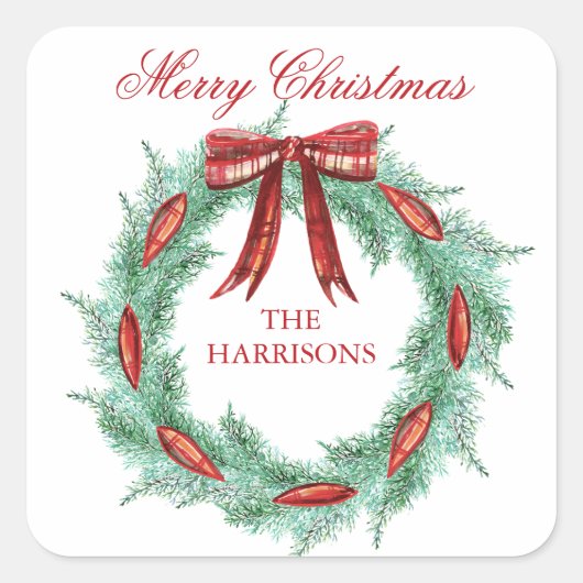 Waterverf Plaid Lint Krans Kerstmis Vierkante Sticker (Voorkant)