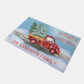 Waterverf Plaid Rode Vrachtwagen Sneeuw Familie Ke Deurmat (Schuin)