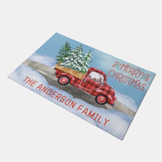 Waterverf Plaid Rode Vrachtwagen Sneeuw Familie Ke Deurmat (Schuin)