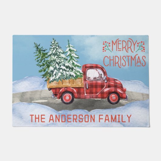 Waterverf Plaid Rode Vrachtwagen Sneeuw Familie Ke Deurmat (Voorkant)