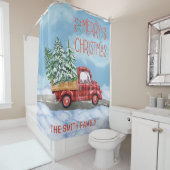 Waterverf Plaid Rode Vrachtwagen Sneeuw Familie Ke Douchegordijn (In situ)