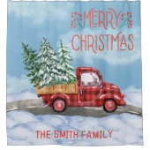 Waterverf Plaid Rode Vrachtwagen Sneeuw Familie Ke Douchegordijn (Voorkant)