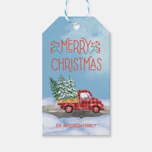 Waterverf Plaid Rode Vrachtwagen Sneeuw Kerstcadea Cadeaulabel (Voorkant)