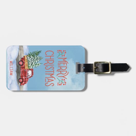 Waterverf Plaid Rode Vrachtwagen Sneeuw Kerstvakan Bagagelabel (Voorkant horizontaal)